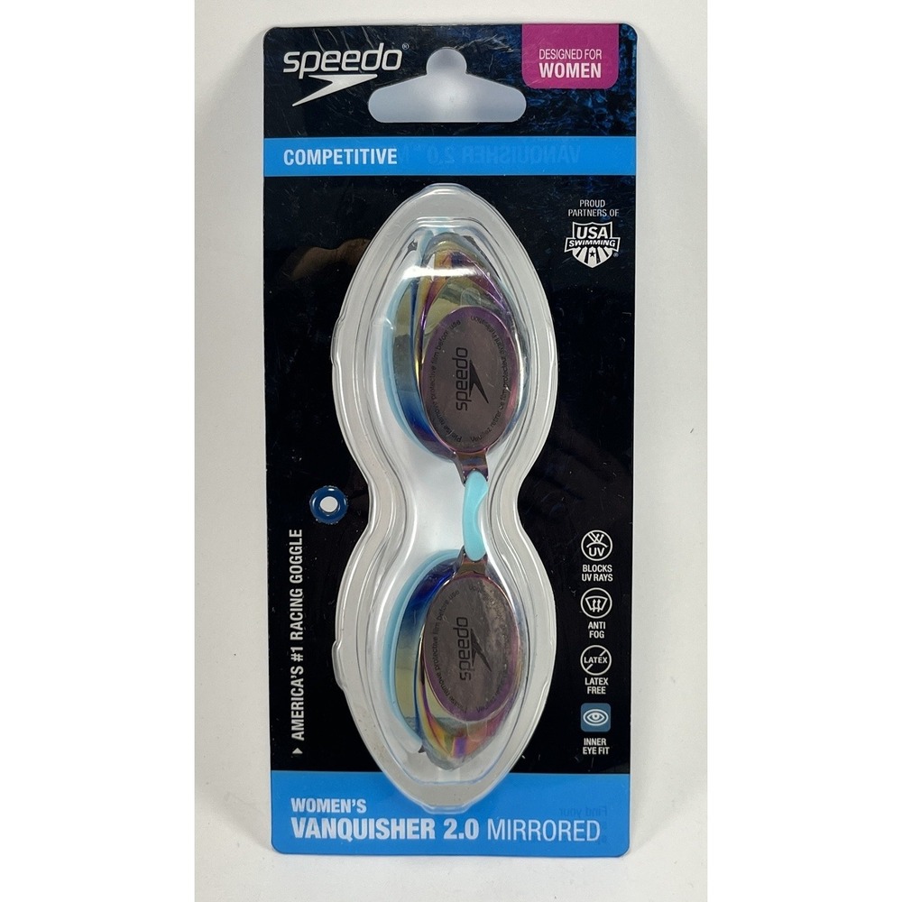 Speedo Women's Vanquisher 2.0 Mirrored Competitive Swim Goggles Rainbow Blue